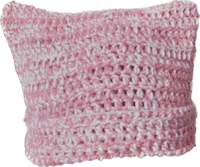 a pink crocheted beanie on a black background
