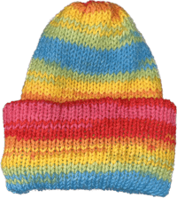 a rainbow knitted beanie on a black background