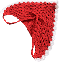 a red crocheted hat with white trim