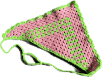 a pink and green crocheted triangular hat