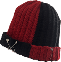a red and black beanie with a pin on it