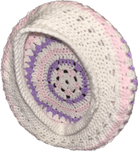 a crocheted hat with a pink and purple design
