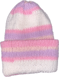 a pink and white striped beanie on a black background