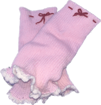 a pair of pink knitted leg warmers with ruffles