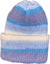 a knitted beanie with a blue and white stripe