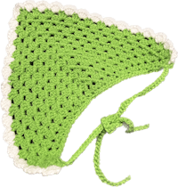 a green crocheted hat with white trim
